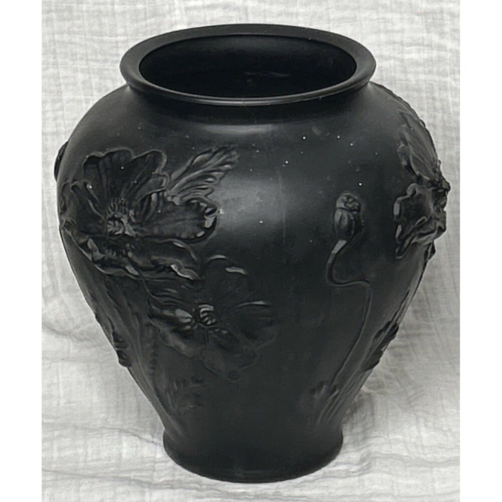 Vintage Signed R. Lalique Black Poppy Flower Satin Art Glass Vase 9" tall